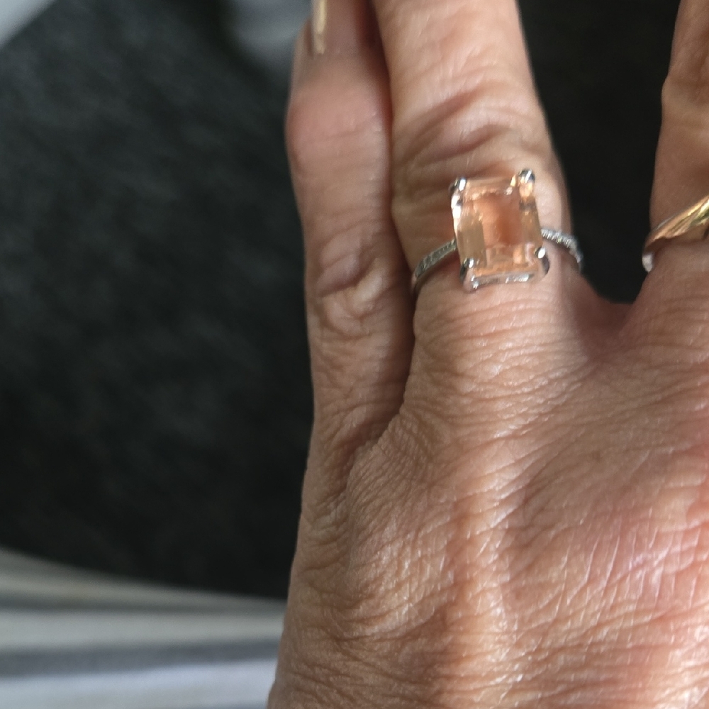 Peach-Center Silver Ring with Pavé Band - Women's Jewelry